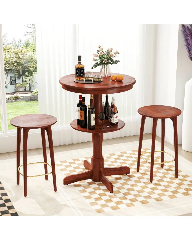 2-Tier Round High Top Bar Table with Storage Shelf and Pedestal Base-Espresso - Espresso - Patio Bar Furniture