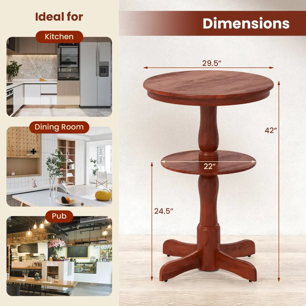 2-Tier Round High Top Bar Table with Storage Shelf and Pedestal Base-Espresso - Espresso - Patio Bar Furniture