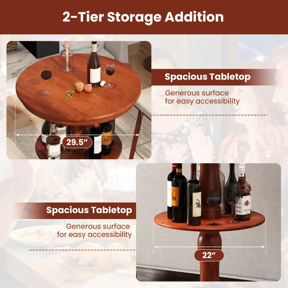 2-Tier Round High Top Bar Table with Storage Shelf and Pedestal Base-Espresso - Espresso - Patio Bar Furniture
