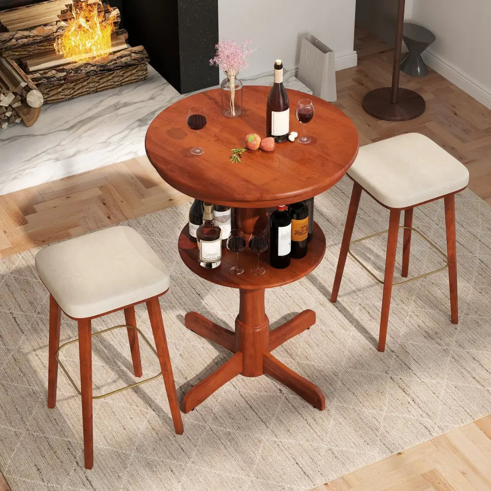 2-Tier Round High Top Bar Table with Storage Shelf and Pedestal Base-Espresso - Espresso - Patio Bar Furniture