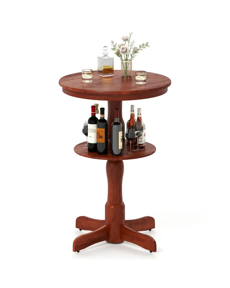 2-Tier Round High Top Bar Table with Storage Shelf and Pedestal Base-Espresso - Espresso - Patio Bar Furniture
