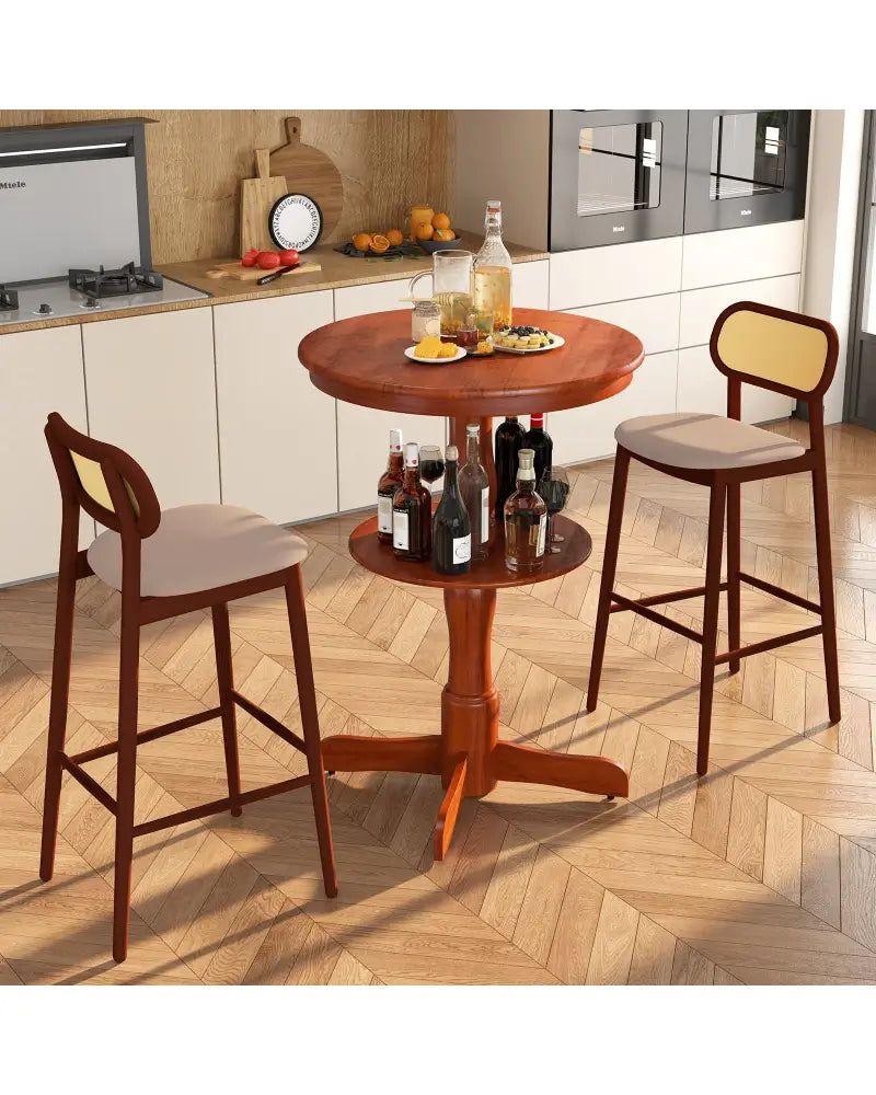 2-Tier Round High Top Bar Table with Storage Shelf and Pedestal Base-Espresso - Espresso - Patio Bar Furniture