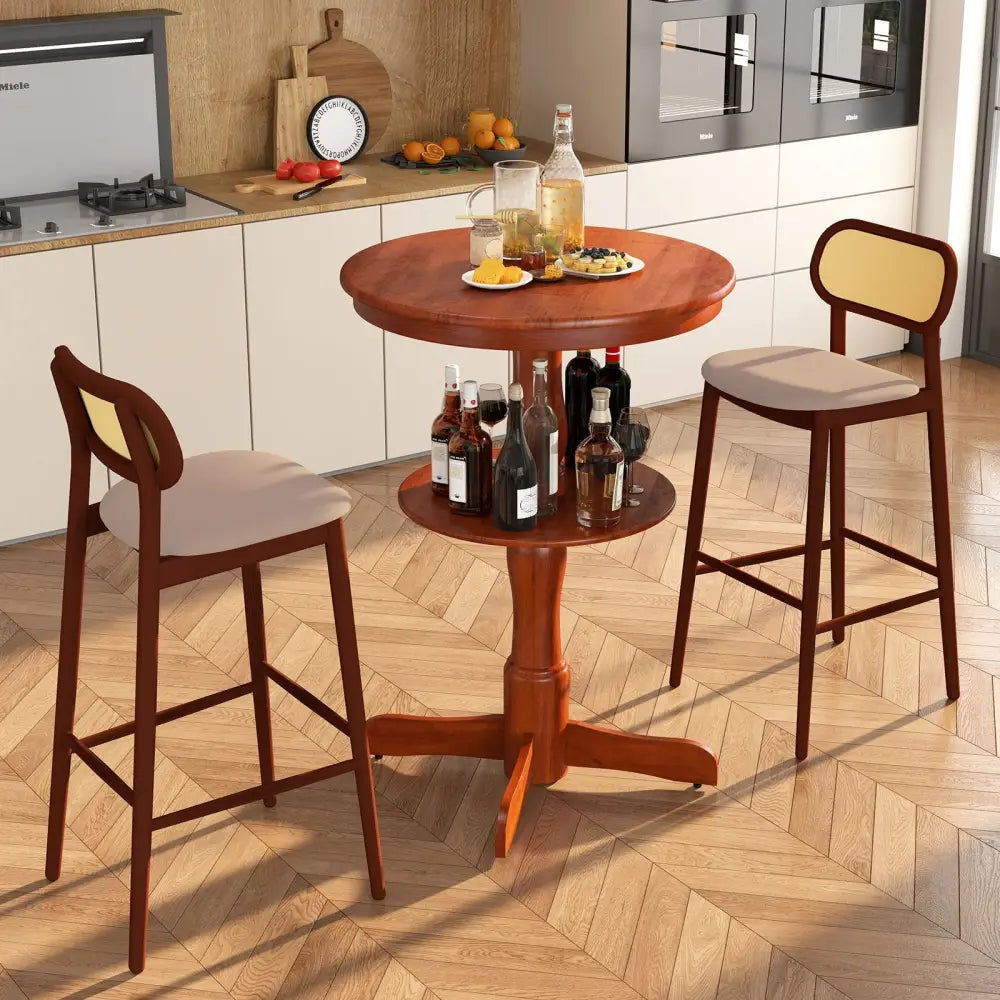 2-Tier Round High Top Bar Table with Storage Shelf and Pedestal Base-Espresso - Espresso - Patio Bar Furniture