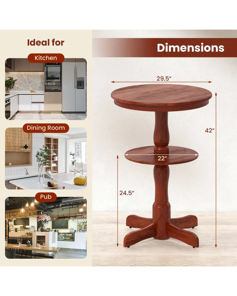 2-Tier Round High Top Bar Table with Storage Shelf and Pedestal Base-Espresso - Espresso - Patio Bar Furniture