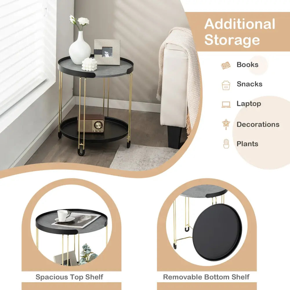 2-Tier Round Side Table with Removable Tray and Metal Frame for Small Space-Golden - Golden - End & Side Tables