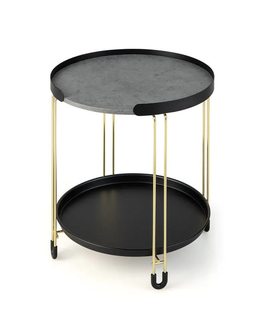 2-Tier Round Side Table with Removable Tray and Metal Frame for Small Space-Golden - Golden - End & Side Tables