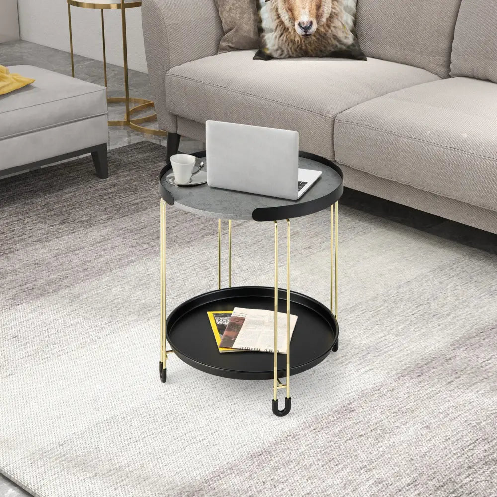 2-Tier Round Side Table with Removable Tray and Metal Frame for Small Space-Golden - Golden - End & Side Tables
