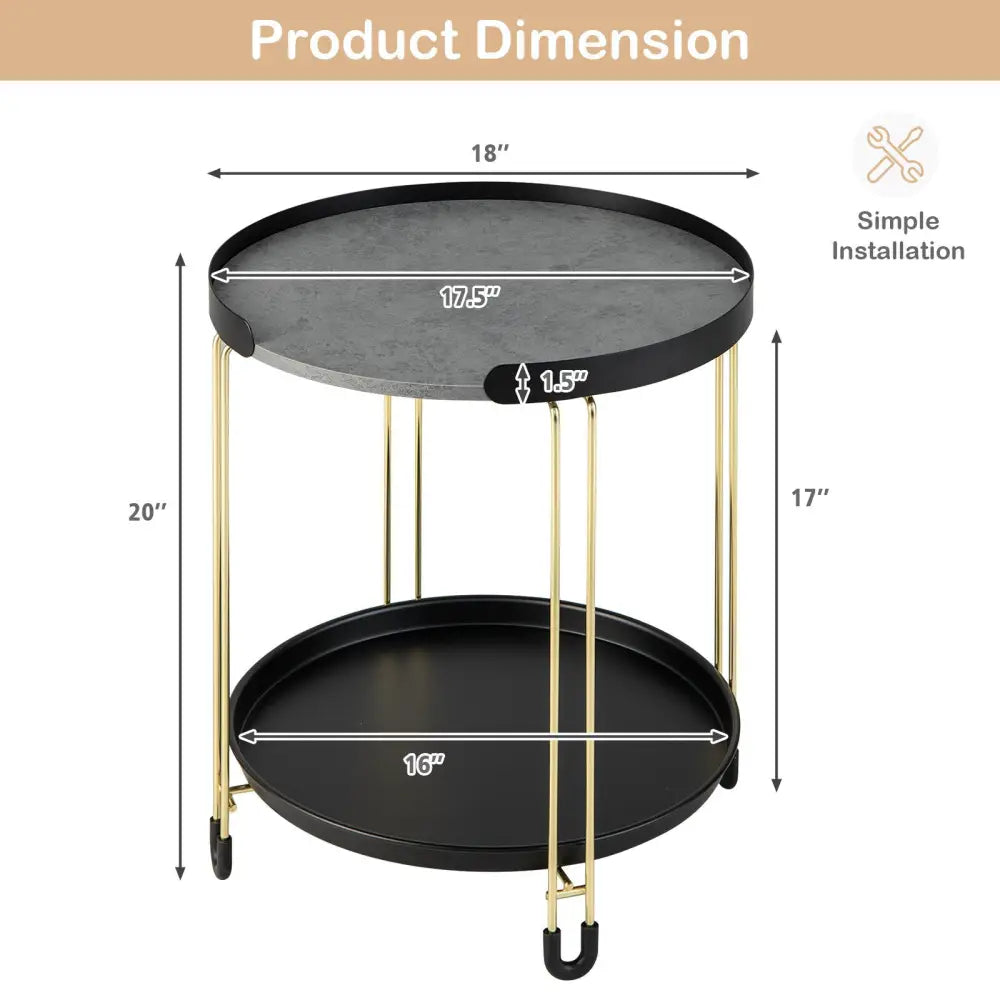2-Tier Round Side Table with Removable Tray and Metal Frame for Small Space-Golden - Golden - End & Side Tables