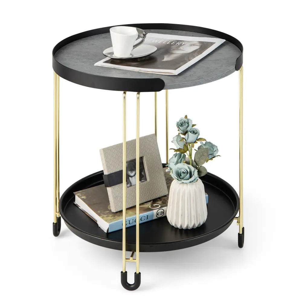 2-Tier Round Side Table with Removable Tray and Metal Frame for Small Space-Golden - Golden - End & Side Tables
