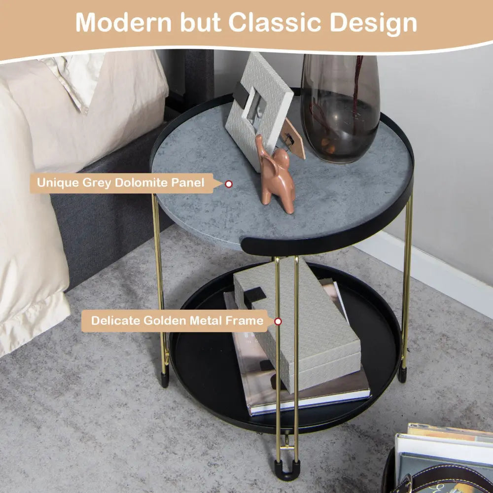 2-Tier Round Side Table with Removable Tray and Metal Frame for Small Space-Golden - Golden - End & Side Tables