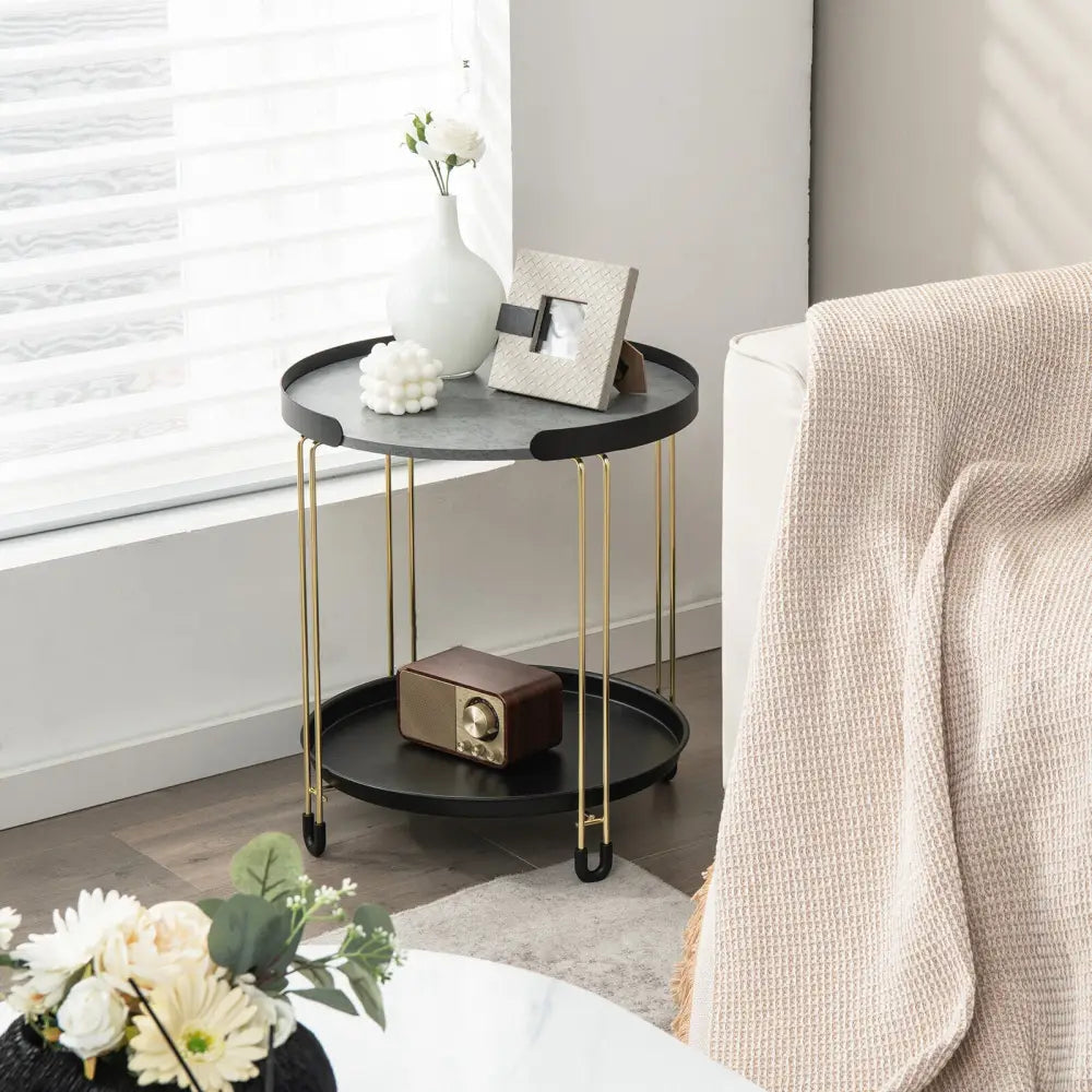 2-Tier Round Side Table with Removable Tray and Metal Frame for Small Space-Golden - Golden - End & Side Tables