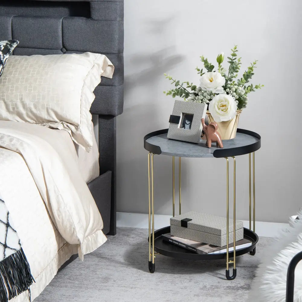 2-Tier Round Side Table with Removable Tray and Metal Frame for Small Space-Golden - Golden - End & Side Tables