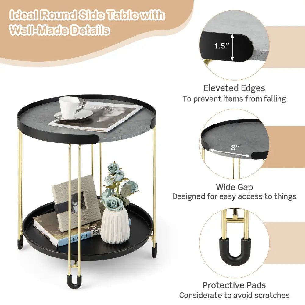 2-Tier Round Side Table with Removable Tray and Metal Frame for Small Space-Golden - Golden - End & Side Tables