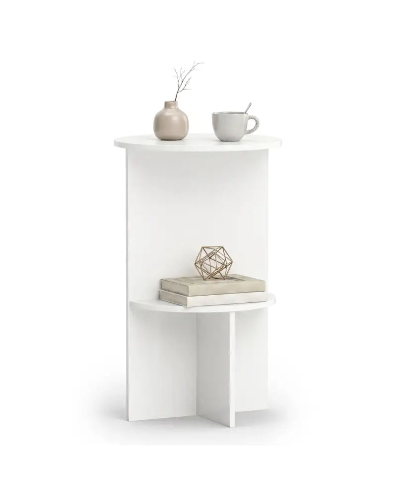2-Tier Round Side Table with Storage Shelf for Small Space-White - White - End & Side Tables