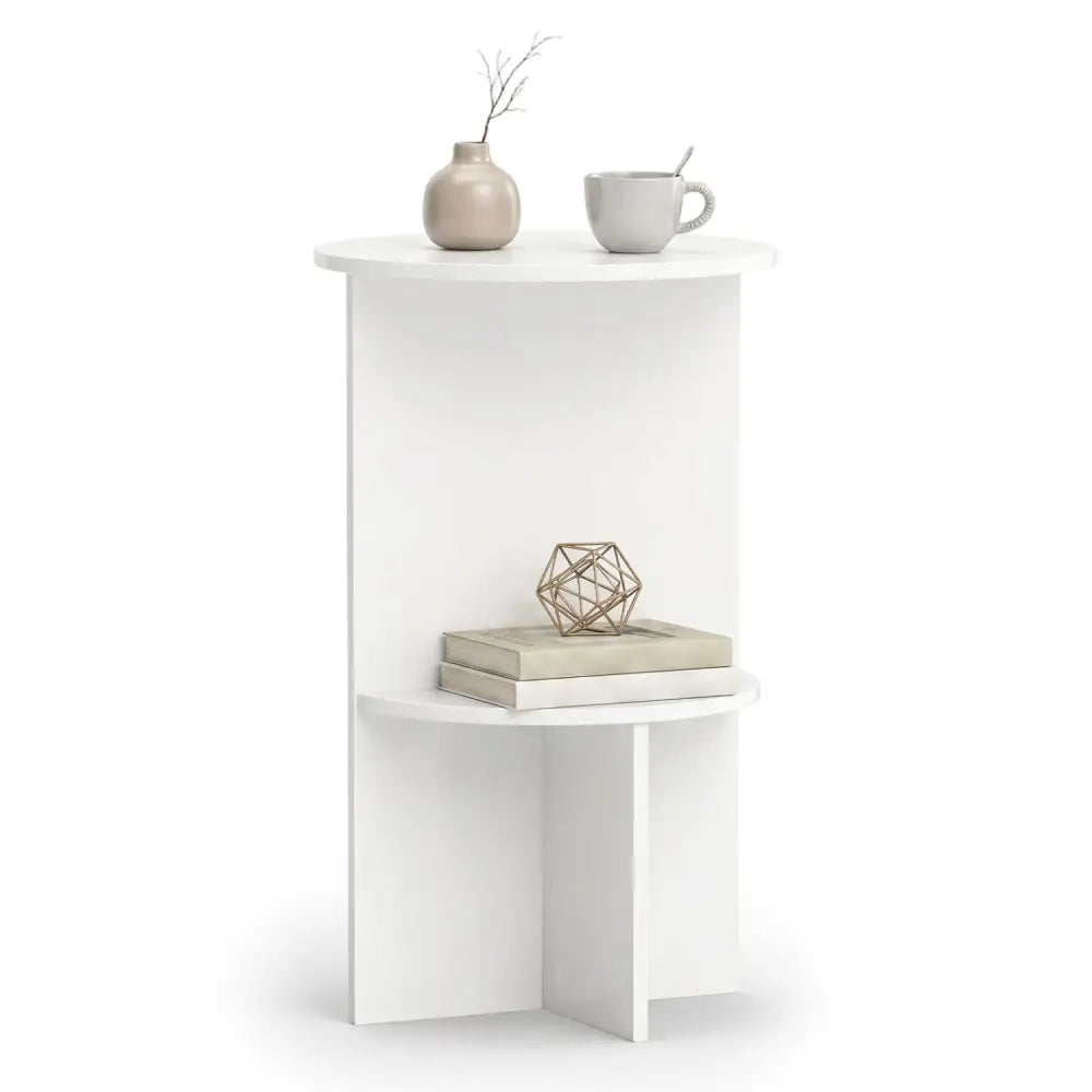 2-Tier Round Side Table with Storage Shelf for Small Space-White - White - End & Side Tables