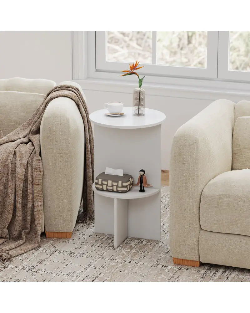 2-Tier Round Side Table with Storage Shelf for Small Space-White - White - End & Side Tables