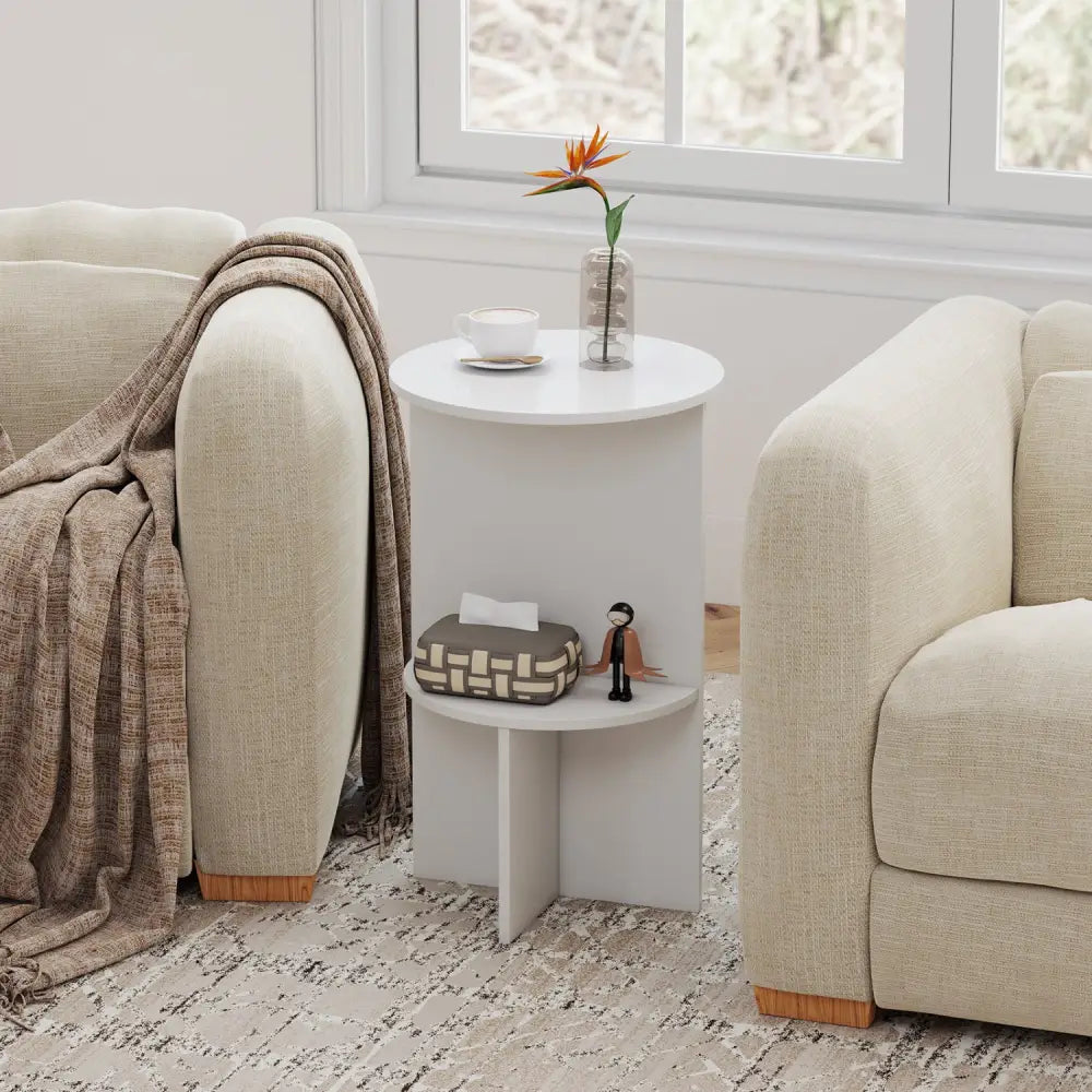 2-Tier Round Side Table with Storage Shelf for Small Space-White - White - End & Side Tables