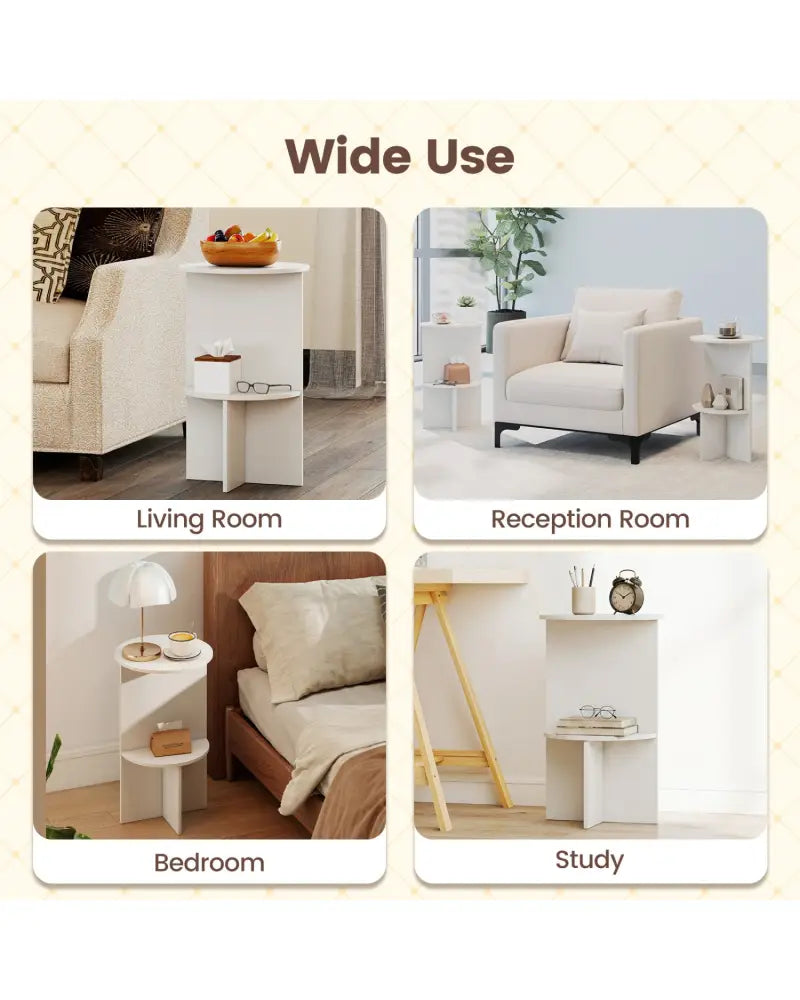2-Tier Round Side Table with Storage Shelf for Small Space-White - White - End & Side Tables