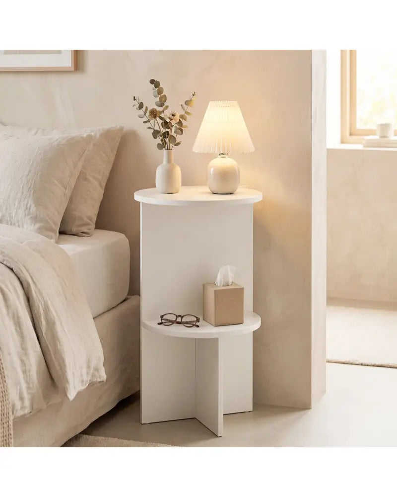 2-Tier Round Side Table with Storage Shelf for Small Space-White - White - End & Side Tables