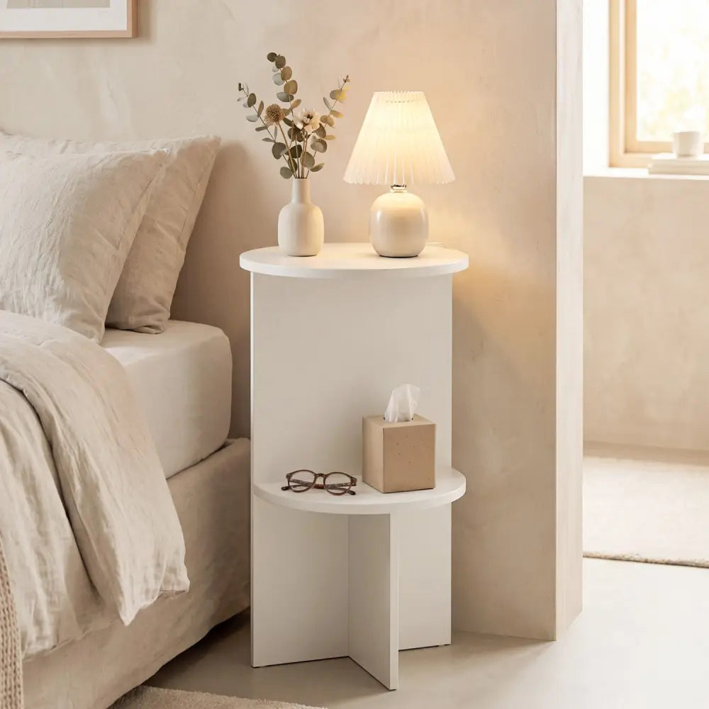 2-Tier Round Side Table with Storage Shelf for Small Space-White - White - End & Side Tables
