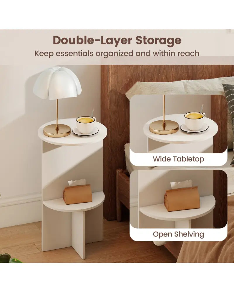 2-Tier Round Side Table with Storage Shelf for Small Space-White - White - End & Side Tables