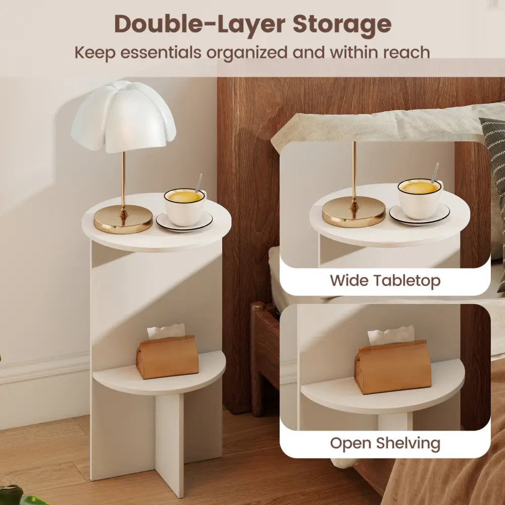 2-Tier Round Side Table with Storage Shelf for Small Space-White - White - End & Side Tables