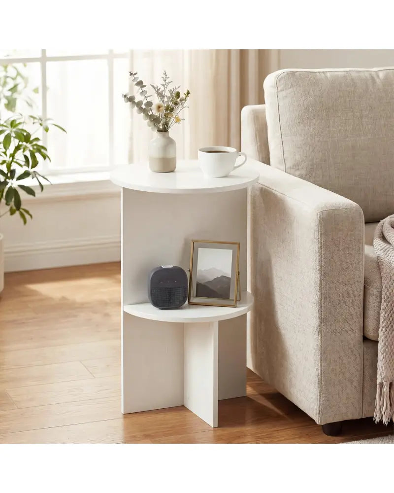 2-Tier Round Side Table with Storage Shelf for Small Space-White - White - End & Side Tables