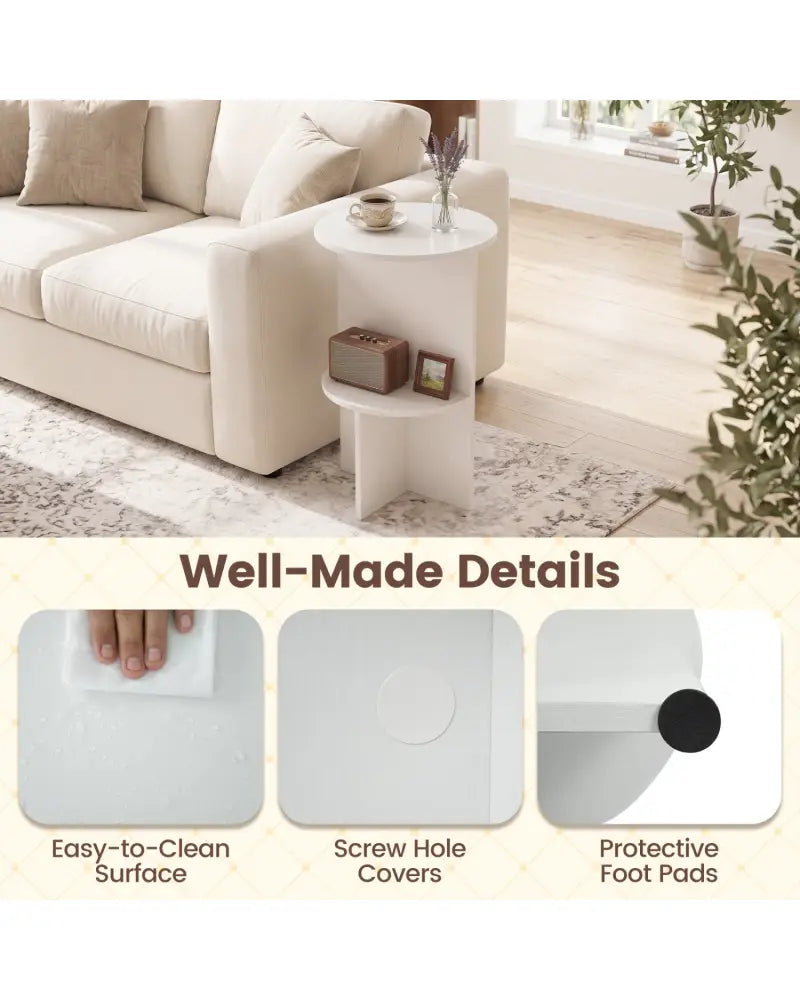 2-Tier Round Side Table with Storage Shelf for Small Space-White - White - End & Side Tables