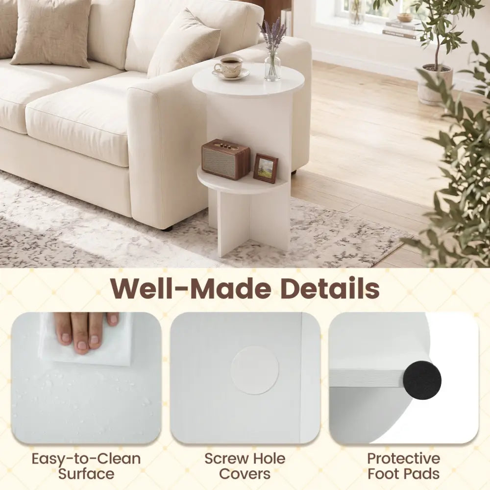 2-Tier Round Side Table with Storage Shelf for Small Space-White - White - End & Side Tables