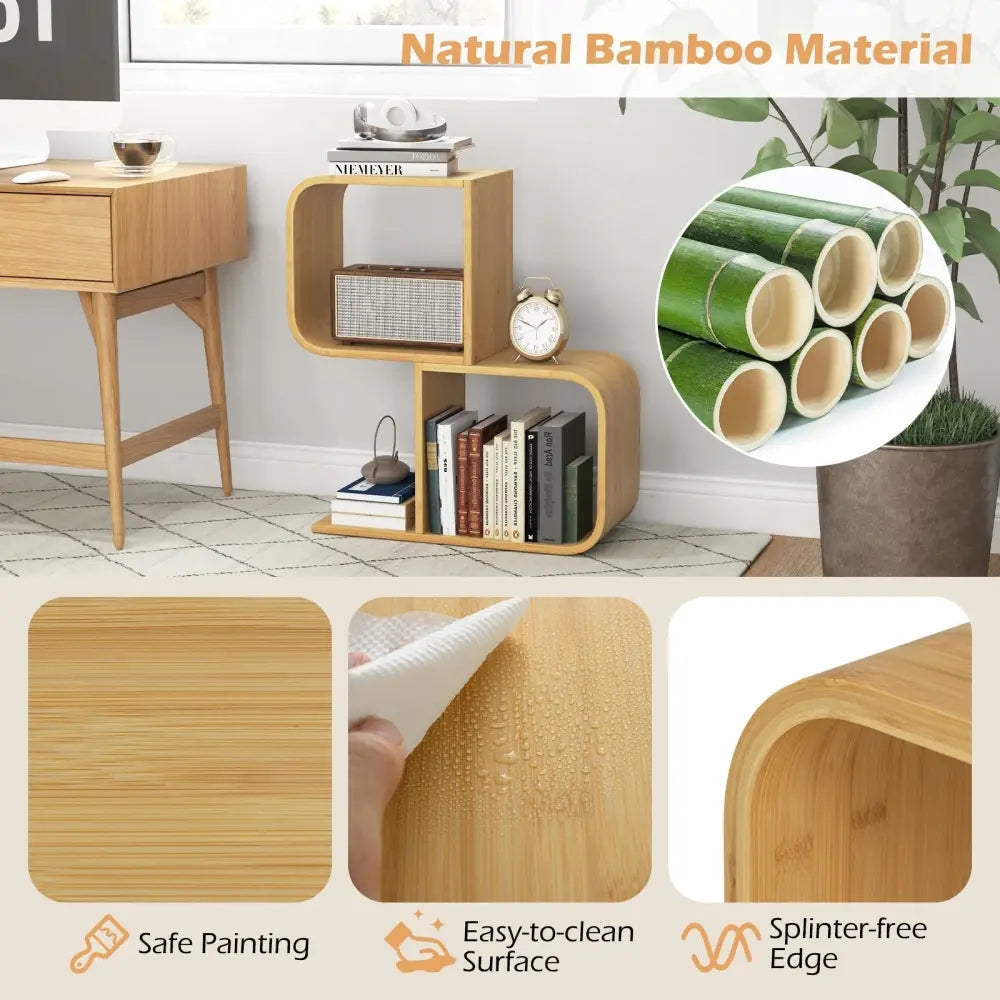2-Tier S-Shaped Bamboo Bookcase with 2 Open Cubes for Living Room-Natural Costway