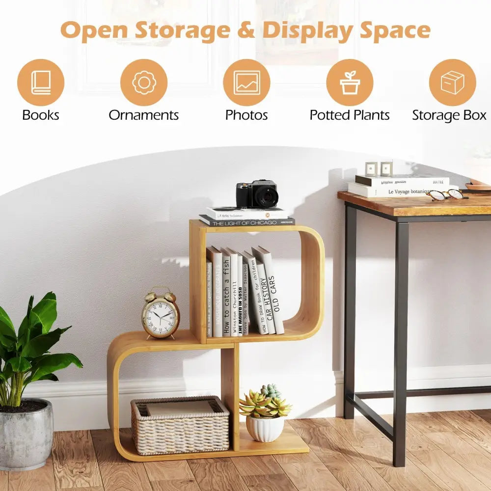 2-Tier S-Shaped Bamboo Bookcase with 2 Open Cubes for Living Room-Natural Costway