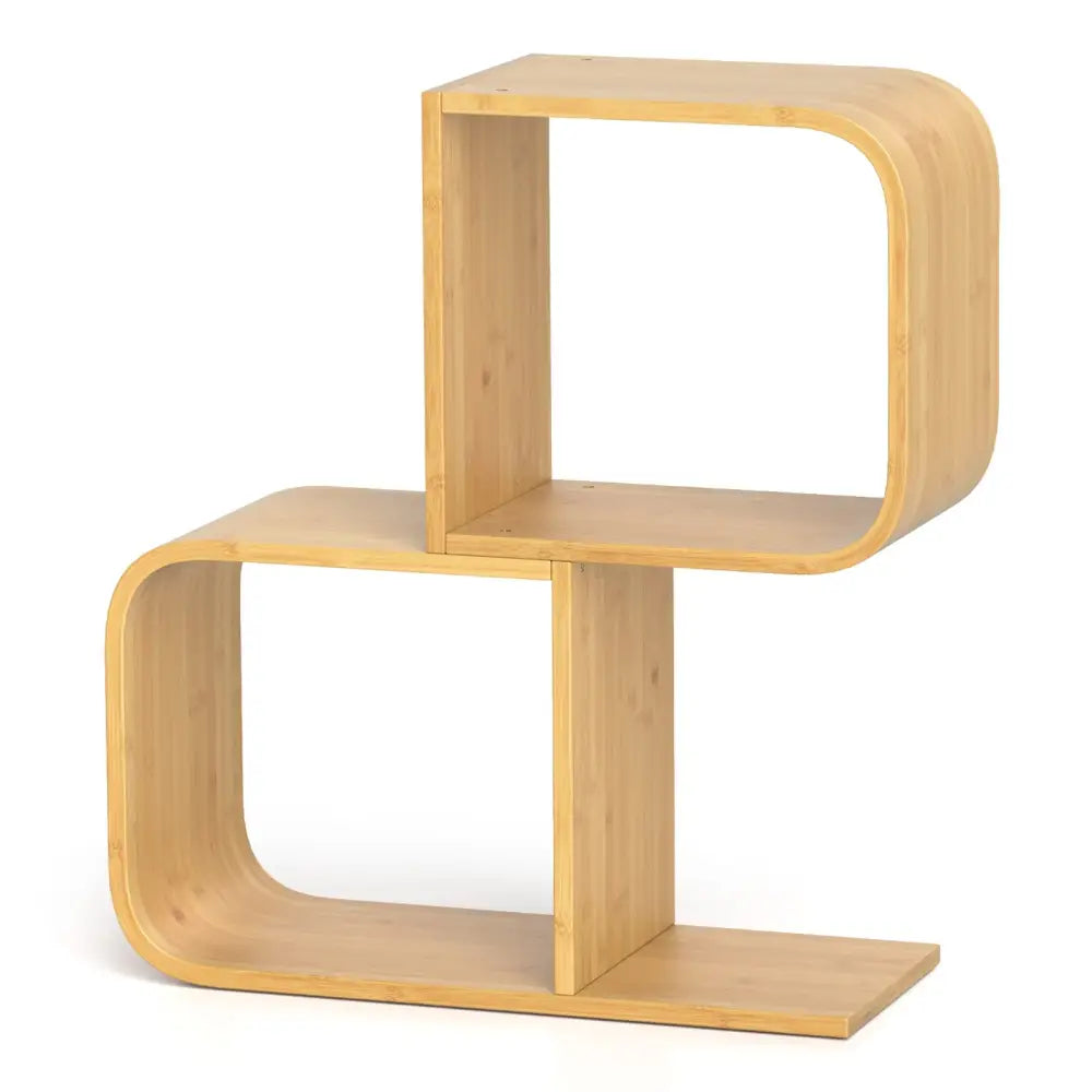 2-Tier S-Shaped Bamboo Bookcase with 2 Open Cubes for Living Room-Natural Costway