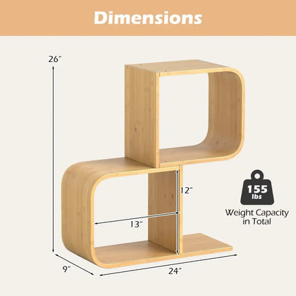 2-Tier S-Shaped Bamboo Bookcase with 2 Open Cubes for Living Room-Natural Costway
