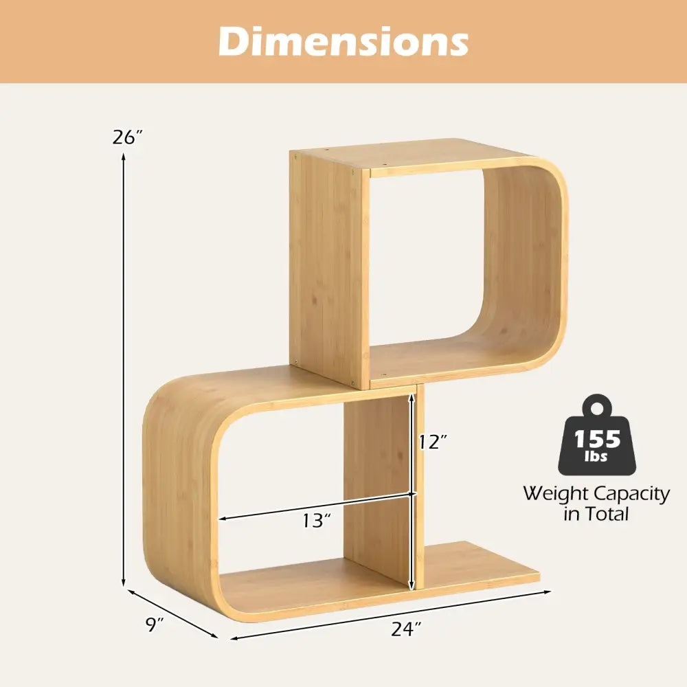2-Tier S-Shaped Bamboo Bookcase with 2 Open Cubes for Living Room-Natural Costway