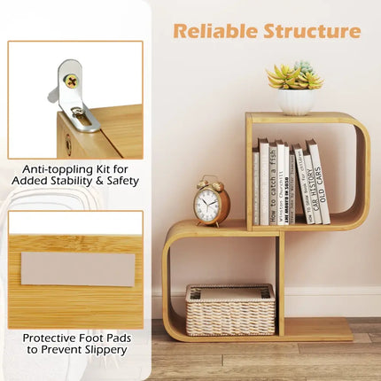 2-Tier S-Shaped Bamboo Bookcase with 2 Open Cubes for Living Room-Natural Costway