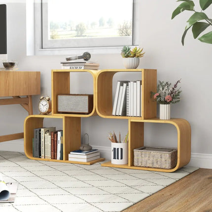 2-Tier S-Shaped Bamboo Bookcase with 2 Open Cubes for Living Room-Natural Costway