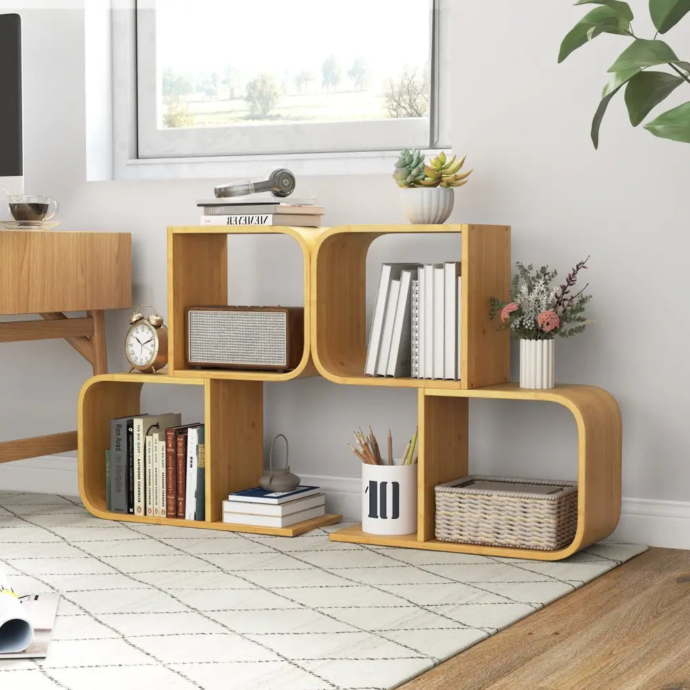 2-Tier S-Shaped Bamboo Bookcase with 2 Open Cubes for Living Room-Natural Costway