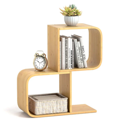 2-Tier S-Shaped Bamboo Bookcase with 2 Open Cubes for Living Room-Natural Costway