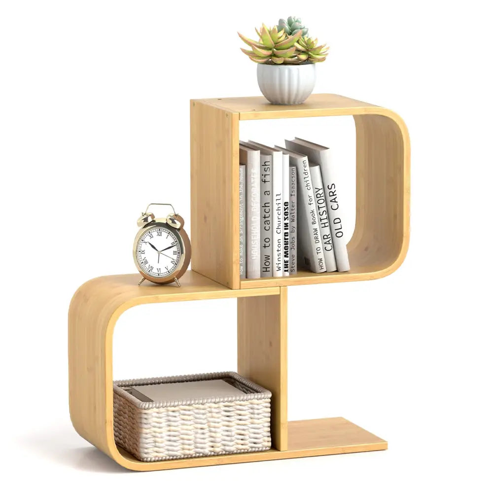2-Tier S-Shaped Bamboo Bookcase with 2 Open Cubes for Living Room-Natural Costway