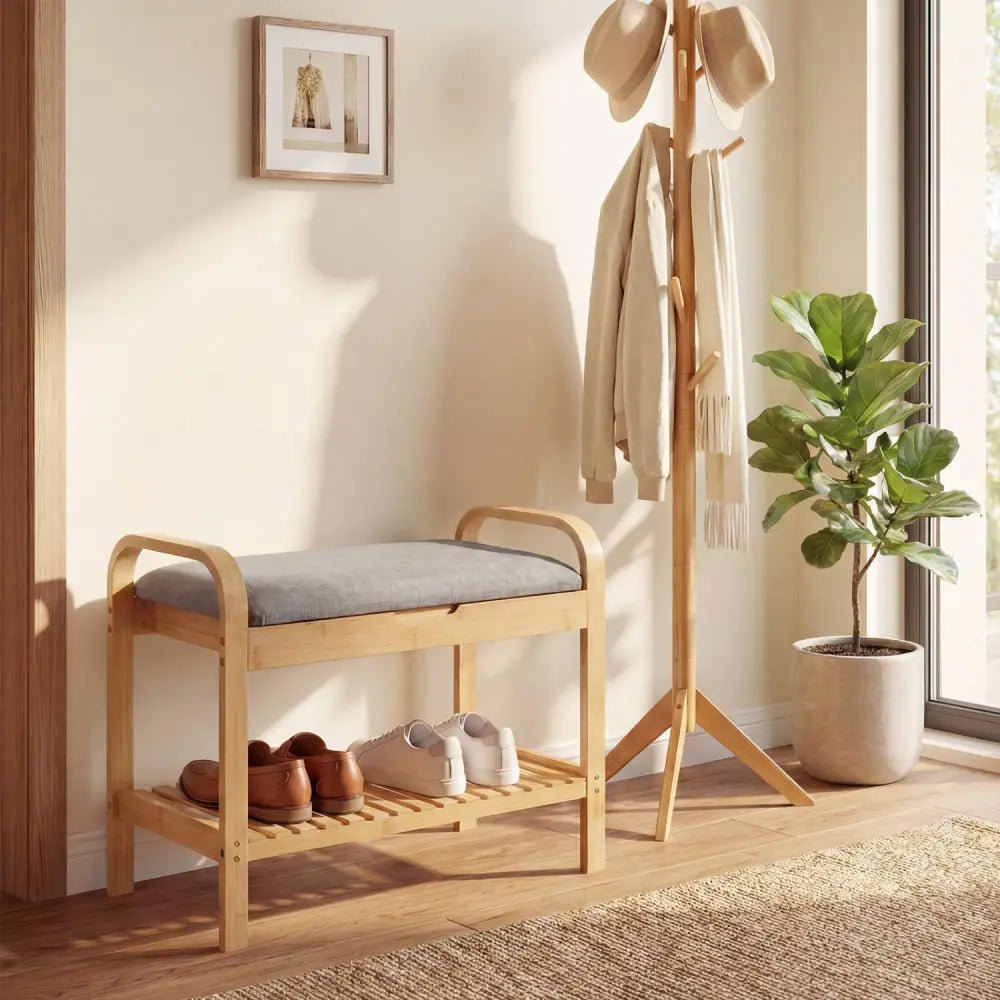 2-Tier Shoe Rack Bench with Flip-Top Storage-Natural - Natural - Shoe Racks & Storage Benches