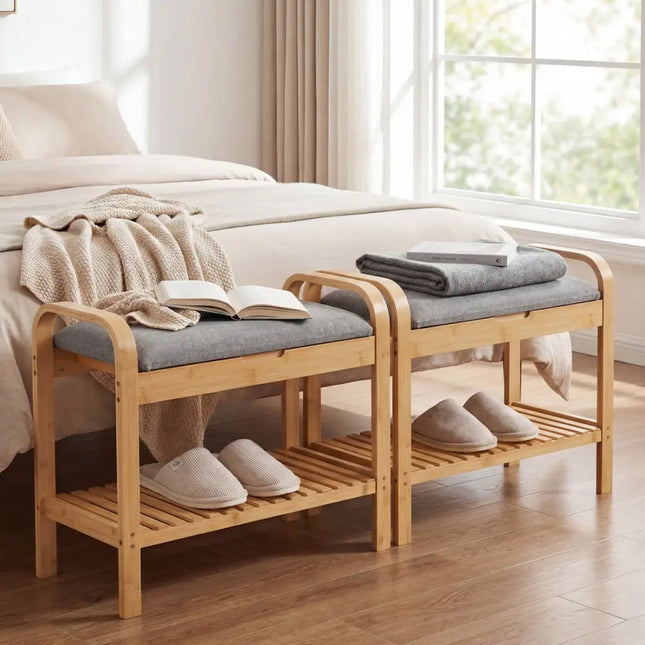 2-Tier Shoe Rack Bench with Flip-Top Storage-Natural - Natural - Shoe Racks & Storage Benches