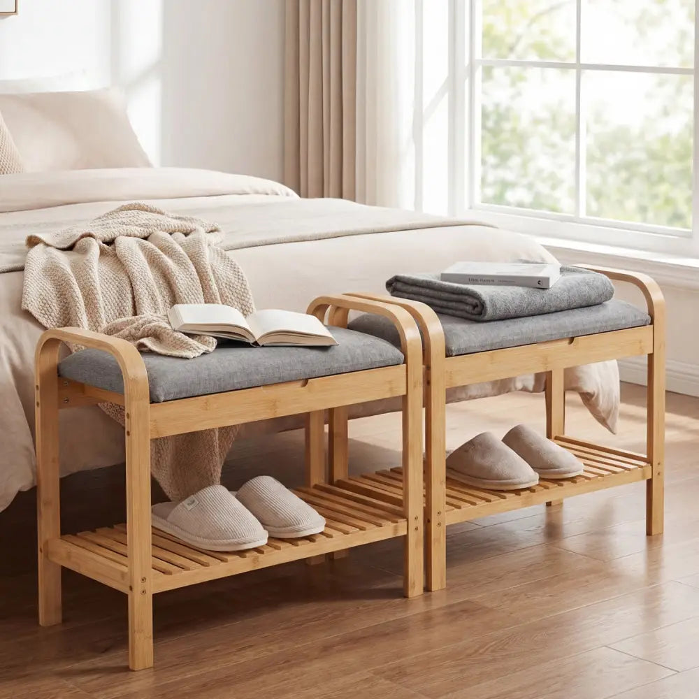 2-Tier Shoe Rack Bench with Flip-Top Storage-Natural - Natural - Shoe Racks & Storage Benches