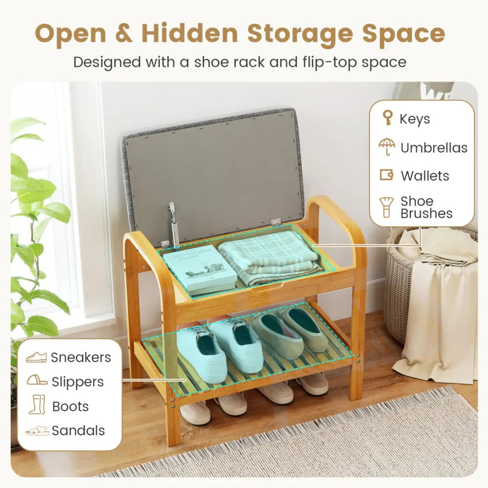 2-Tier Shoe Rack Bench with Flip-Top Storage-Natural - Natural - Shoe Racks & Storage Benches