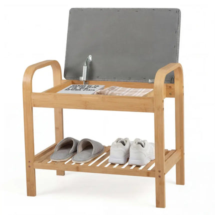 2-Tier Shoe Rack Bench with Flip-Top Storage-Natural - Natural - Shoe Racks & Storage Benches