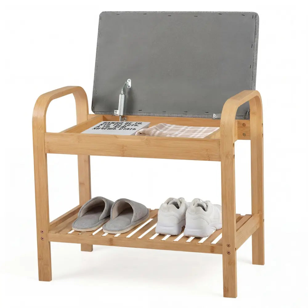 2-Tier Shoe Rack Bench with Flip-Top Storage-Natural - Natural - Shoe Racks & Storage Benches