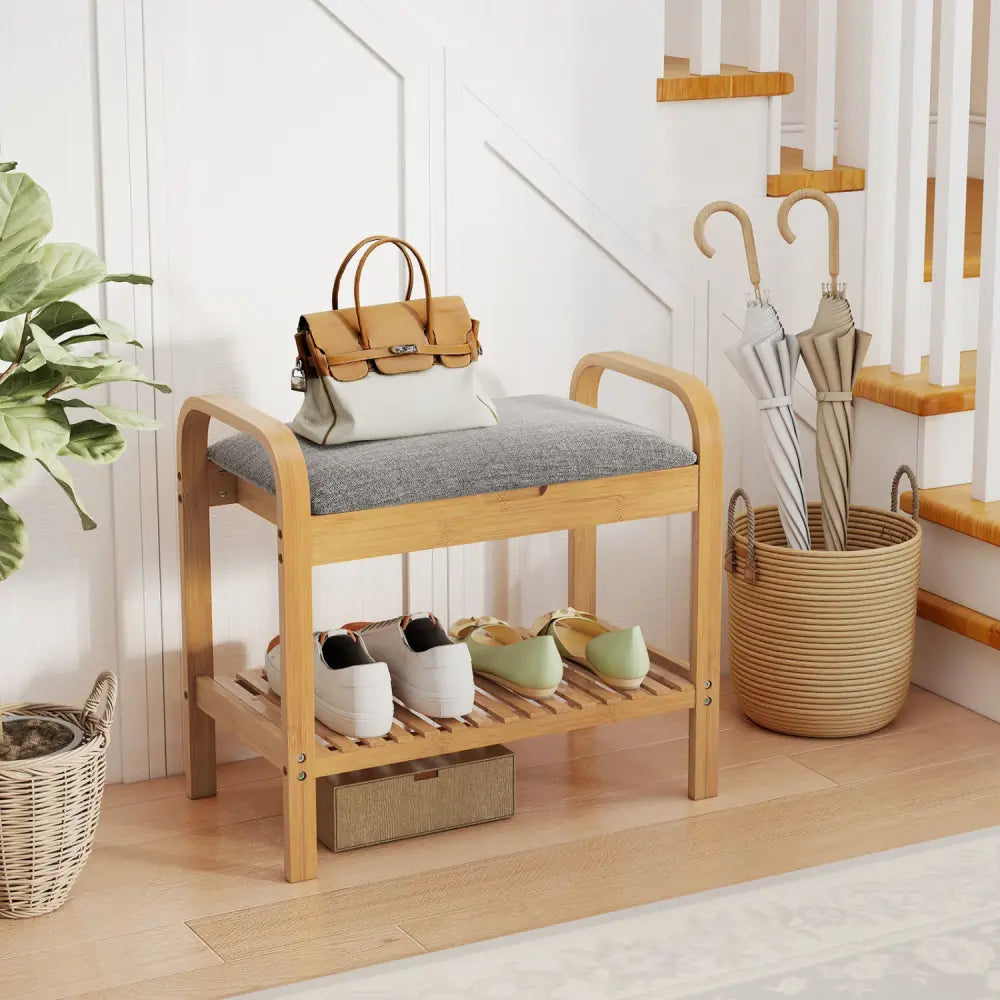 2-Tier Shoe Rack Bench with Flip-Top Storage-Natural - Natural - Shoe Racks & Storage Benches