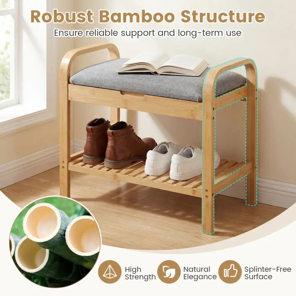 2-Tier Shoe Rack Bench with Flip-Top Storage-Natural - Natural - Shoe Racks & Storage Benches