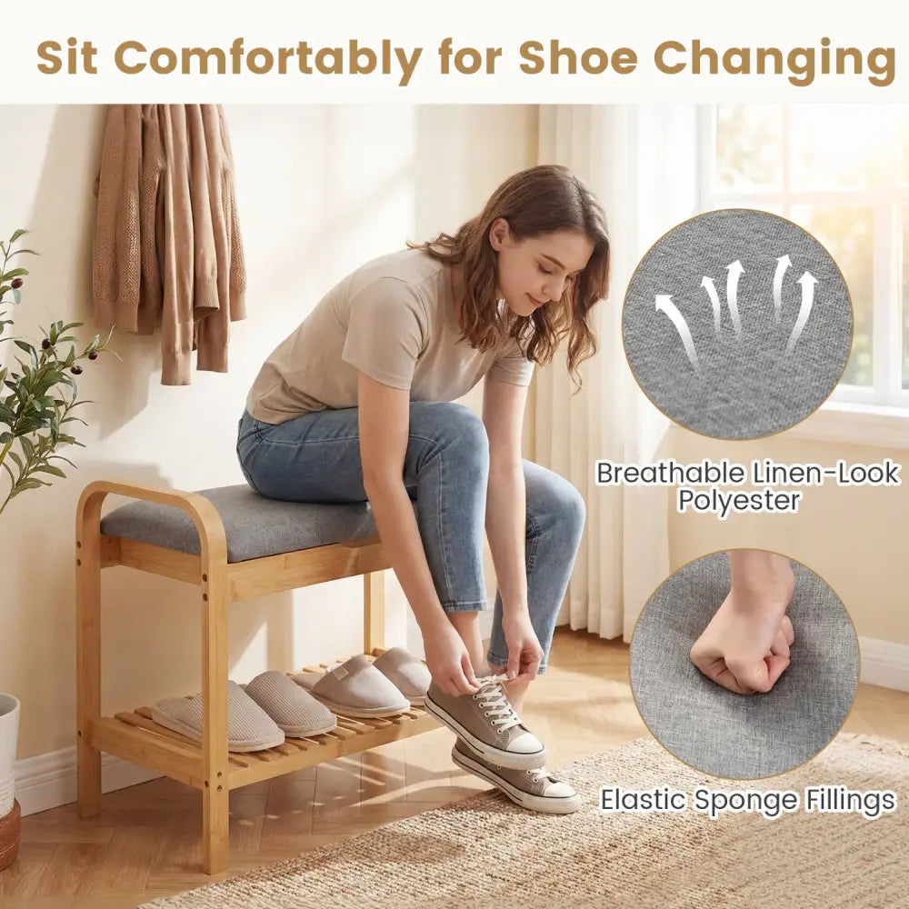 2-Tier Shoe Rack Bench with Flip-Top Storage-Natural - Natural - Shoe Racks & Storage Benches