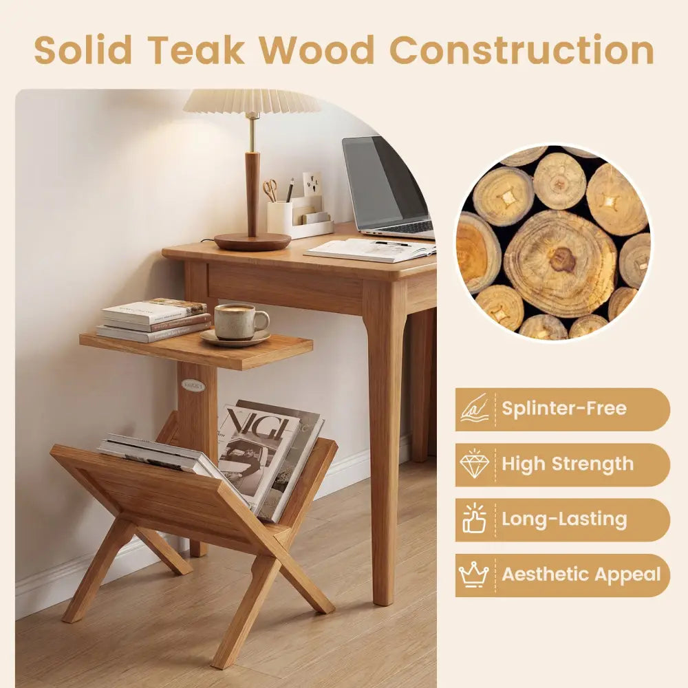2-Tier Side Table Magazine Rack with Teak Wood Frame - End & Side Tables