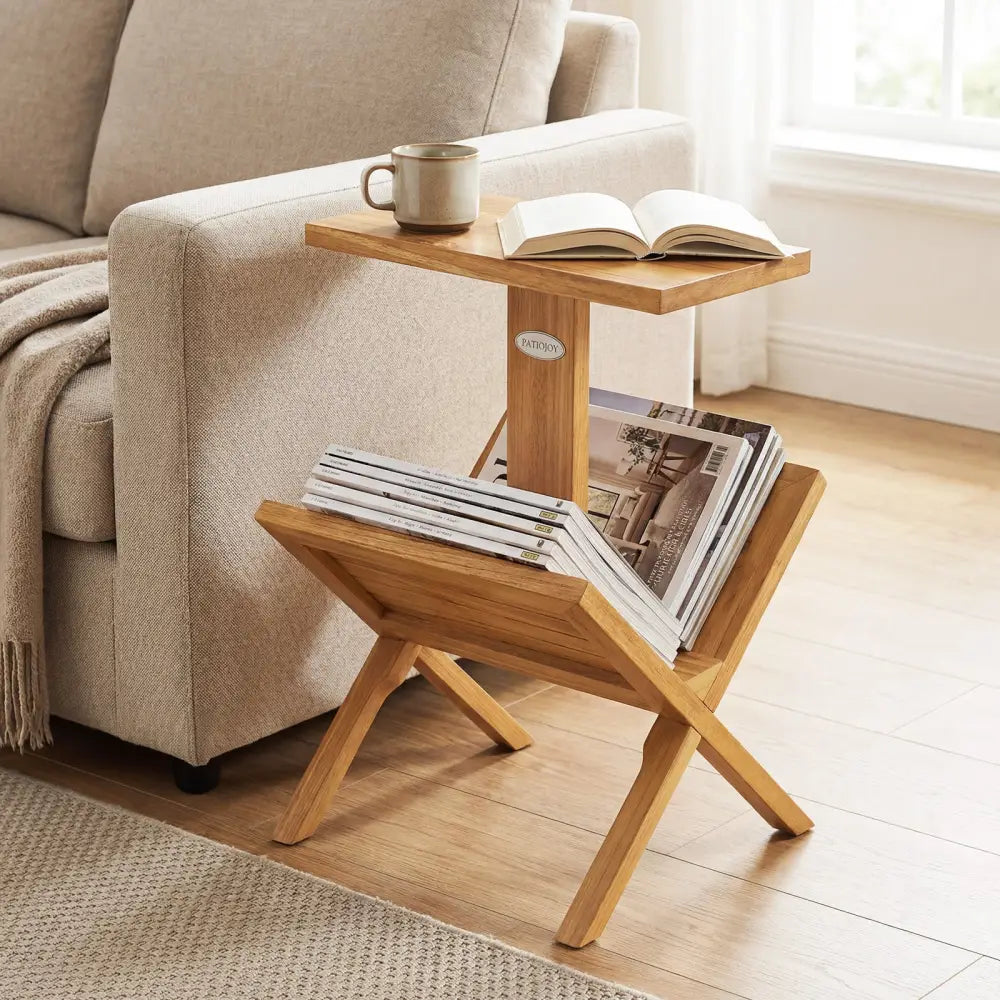 2-Tier Side Table Magazine Rack with Teak Wood Frame - End & Side Tables
